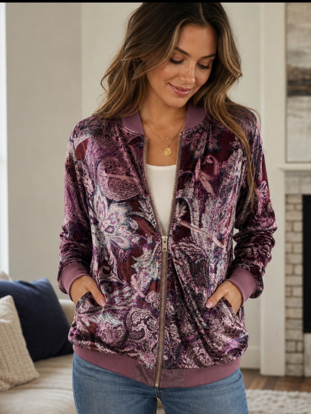 New Womens Purple Velvet Paisley Zip Bomber Jacket. Size XL